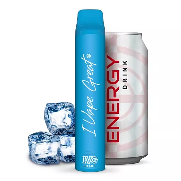 IVG Bar Einweg E-Zigarette Energy Ice 20mg/ml in hellblau neben Energydrink-Dose mit Eiswürfeln