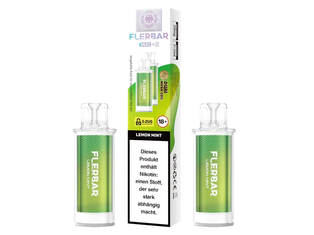 Flerbar Prefilled Pod Lemon Mint – Verpackung und zwei transparente Pods mit hellgrüner Flüssigkeit