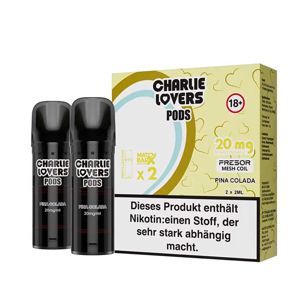 Charlie Lovers Prefilled Pod Pina Colada 20mg – 2er-Pack in hellgelber Verpackung mit zwei schwarzen Pods