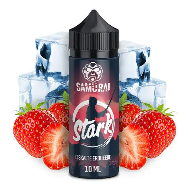 Samurai Vaping Stark Longfill 10ml – schwarze Flasche mit Erdbeeren und Eiswürfeln