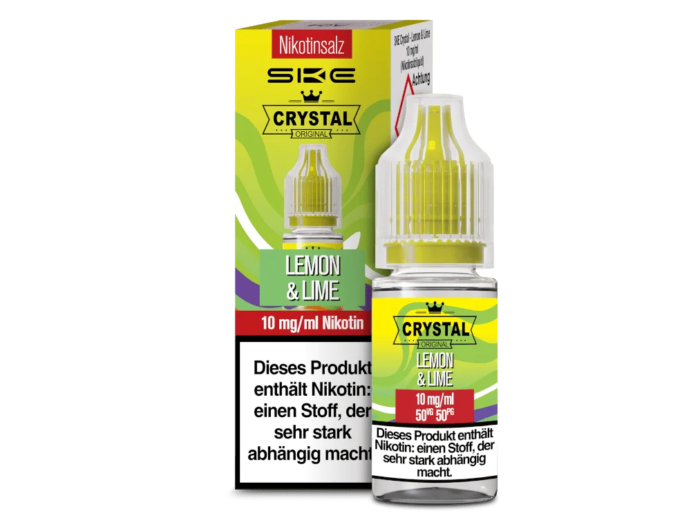 SKE Crystal Lemon & Lime 10ml Nikotinsalz-Liquid – grün-gelbes Etikett mit Flasche, Frontansicht