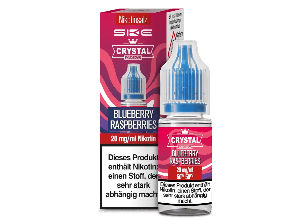 SKE Crystal Blueberry Raspberries 10ml Nikotinsalz-Liquid, rosa-rote Flasche mit 20 mg Nikotin, Frontansicht
