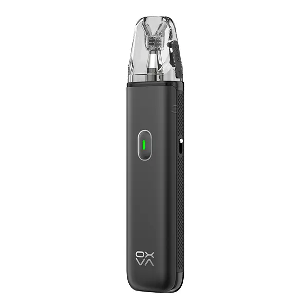 Oxva Xlim Go Lite Pod Kit in Schwarz-Carbon mit grünem LED-Indikator und transparentem Pod, Vorderansicht
