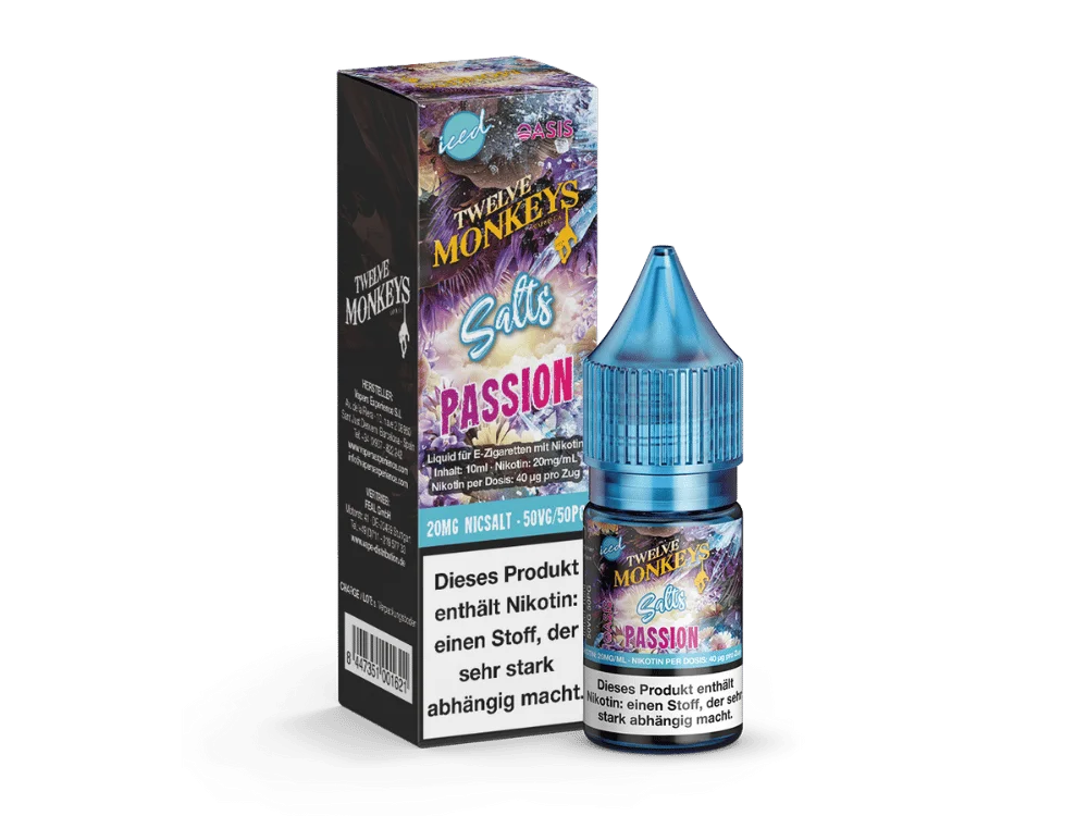 Twelve Monkeys Iced Salts Passion 10ml Nikotinsalz-Liquid – Fläschchen mit lila-pinker Verpackung und Frucht-Motiv