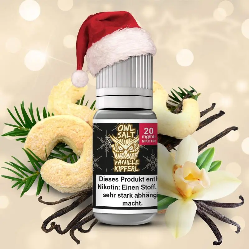 OWL Salt Vanillekipferl Nikotinsalz-Liquid 20mg 10ml Flasche mit Weihnachtsmütze und Vanilledekor