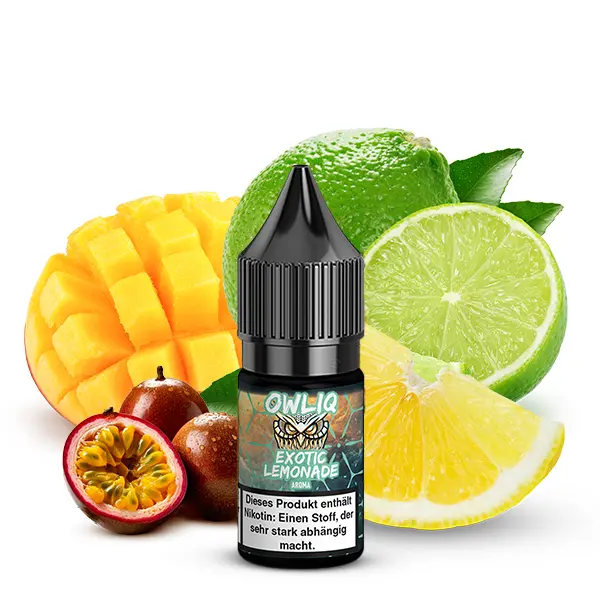 Owliq Exotic Lemonade 10ml Nikotinsalz-Liquid Flasche mit Mango, Limette und Passionsfrucht im Hintergrund