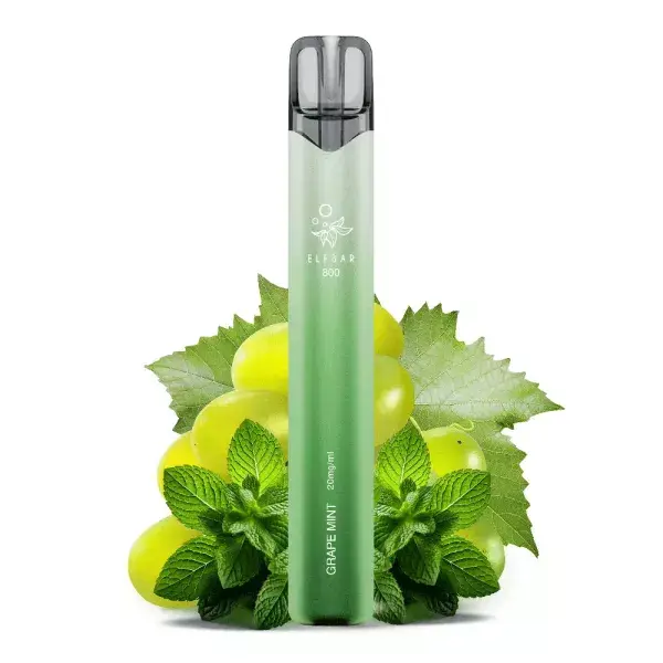 Elfbar 800 Einweg E-Zigarette in Grün mit Trauben und Minze im Hintergrund, Sorte Sour Apple Mint, 20 mg/ml