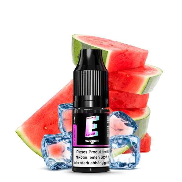 E-Intense Watermelon Ice 10ml Nikotinsalz-Liquid – schwarze Flasche vor Wassermelonenscheiben und Eiswürfeln