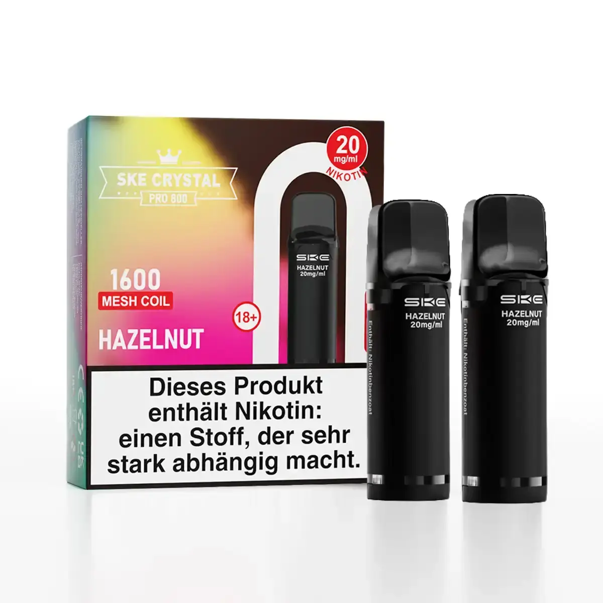 Zwei schwarze SKE Crystal 800 Pro Pods mit bunter Verpackung, Sorte Hazelnut