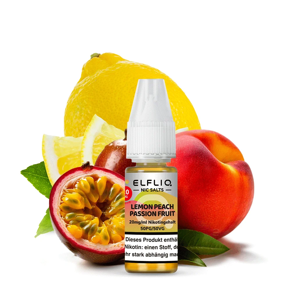 Elfliq Lemon Peach Passion Fruit Nikotinsalz-Liquid 10ml Flasche mit Zitrone, Pfirsich und Passionsfrucht