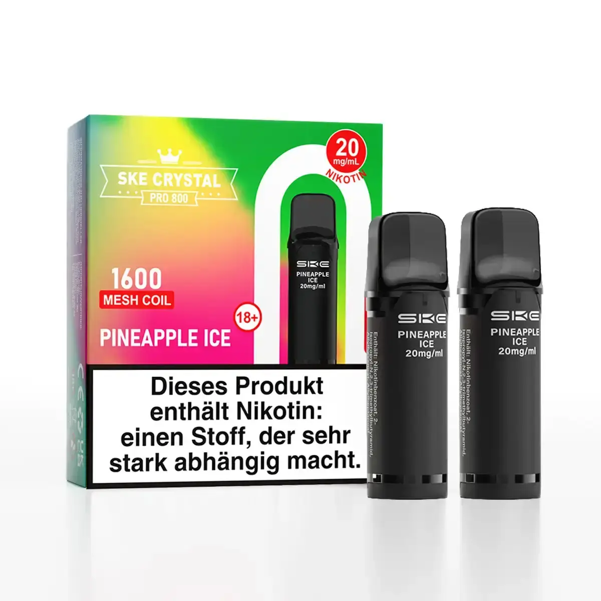 SKE Crystal 800 Pro Prefilled Pod Pineapple Ice – Verpackung mit zwei schwarzen Pods, 20 mg Nikotin