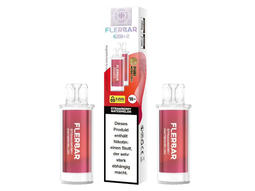 Flerbar Prefilled Pod Strawberry Watermelon – 2er-Pack in roter Verpackung mit zwei transparenten Pods
