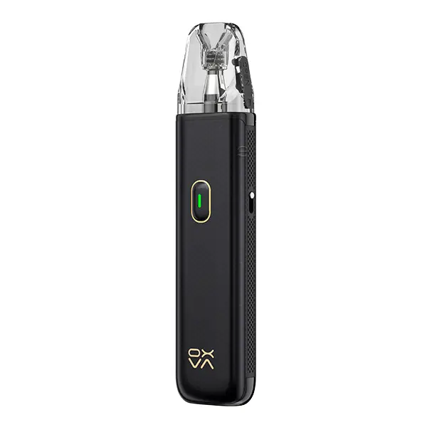 Oxva Xlim Go Lite Pod Kit in Schwarz mit grünem LED-Indikator und transparentem Pod, Frontalansicht