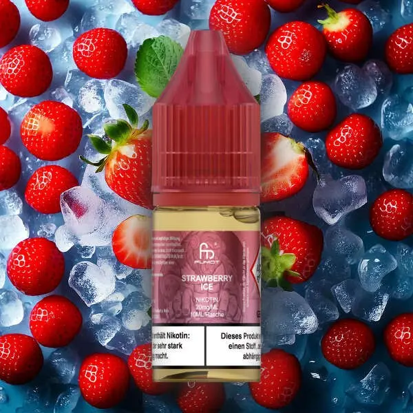 Fumot Strawberry Ice Nikotinsalz-Liquid 10ml Flasche vor Erdbeeren und Eiswürfeln