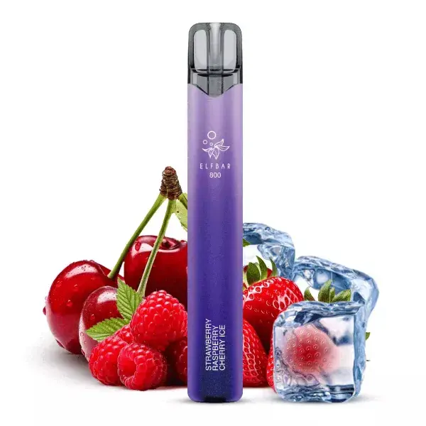 Elfbar 800 Einweg E-Zigarette in Lila-Rot, Geschmack Cherry Raspberry Ice, mit Kirschen und Eiswürfeln