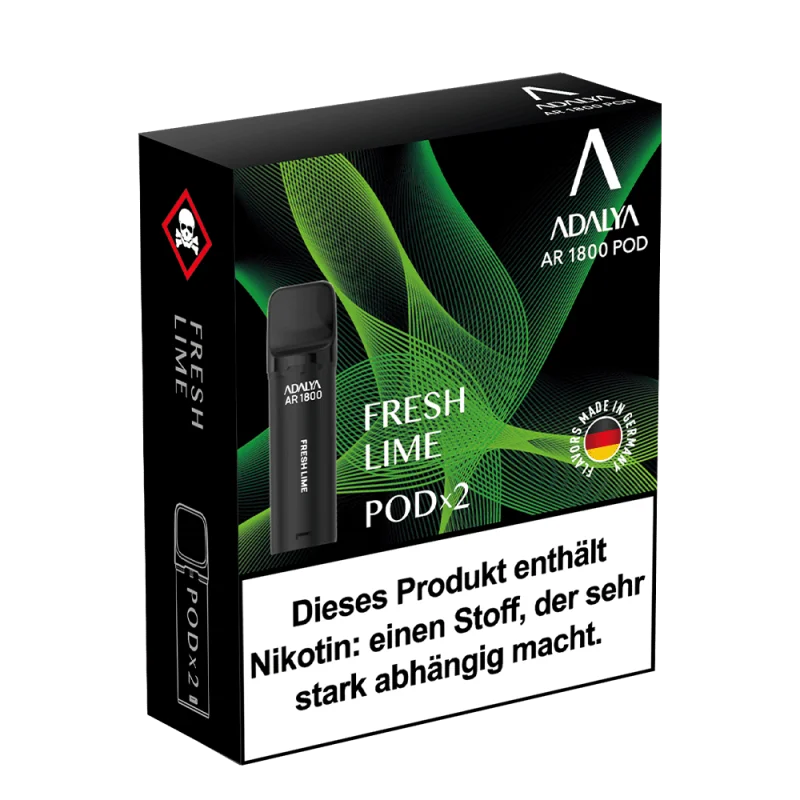 Adalya AR1800 Prefilled Pod Fresh Lime – 2er-Pack in schwarzer Verpackung mit grüner Gestaltung und Pod-Abbildung