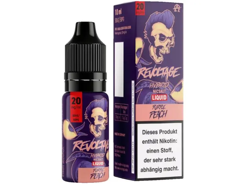 Revoltage Purple Peach Hybrid-Nikotinsalz-Liquid 10ml – lila Flasche 20 mg/ml mit passender Verpackungsbox