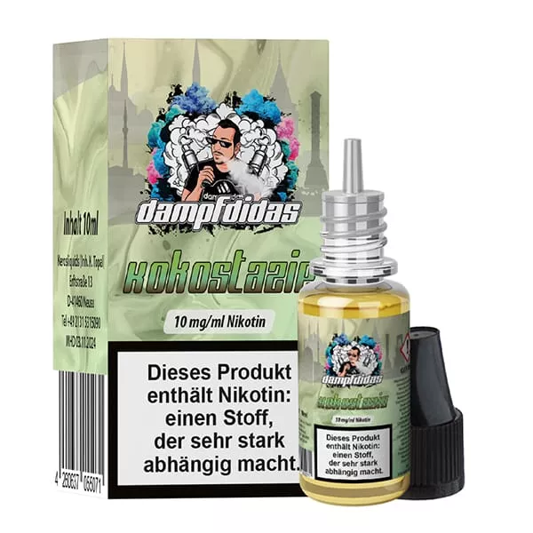 Dampfdidas Kokostazie 10ml Nikotinsalz-Liquid Flasche mit grünem Etikett, 19mg Nikotin, Verpackungskarton daneben