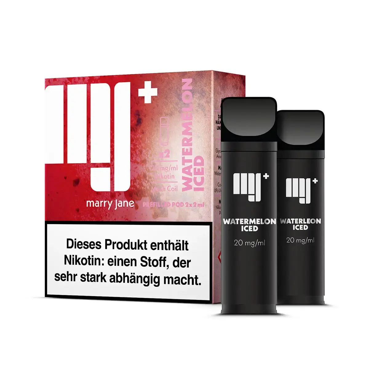 2x Marry Jane Prefilled Pod Watermelon Iced – zwei schwarze Pods mit roter Verpackungsbox, Set-Ansicht