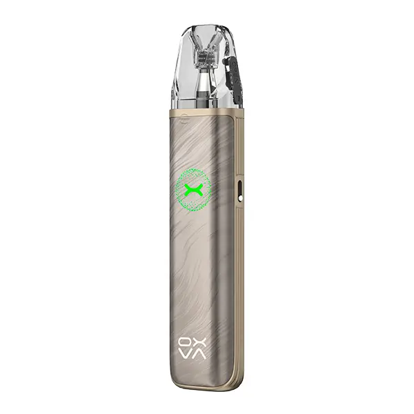Oxva Xlim Go 2 Pod Kit in Hellbraun-Grau (Metal Silver), schlankes Pod-System mit transparentem Pod, Frontansicht