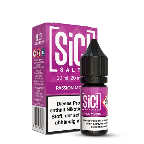 SiC! Salts Passion Mojito 10ml Nikotinsalz-Liquid – lila Verpackung mit Flasche, Frontansicht