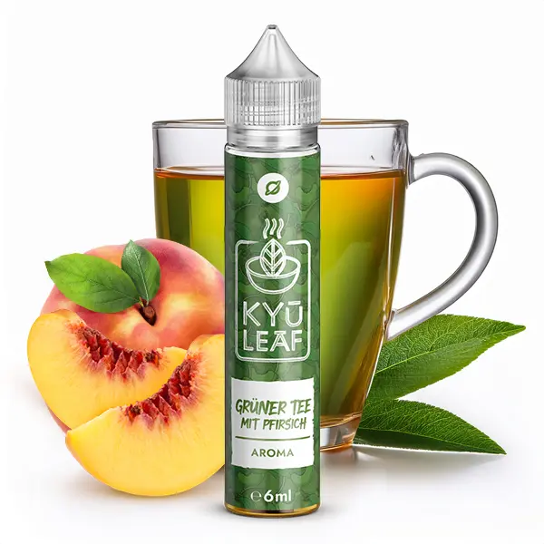 Flavorverse Kyü Leaf Grüner Tee mit Pfirsich Longfill 60ml, grüne Flasche mit Tasse und Pfirsich