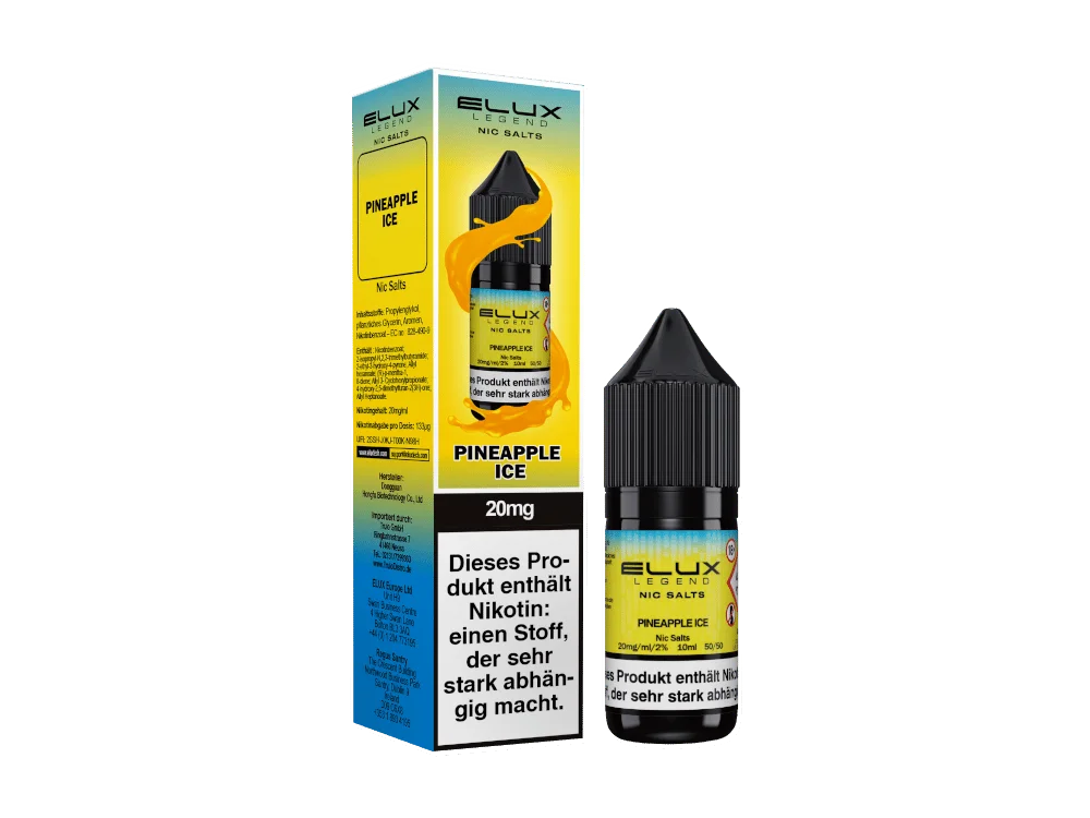 ELUX_10ml_Salt_Pineapple_Ice_20mg_1000x750.png Elux Pineapple Ice 10ml Nikotinsalz-Liquid – gelb-blaue Verpackung mit Flasche, Nahaufnahme