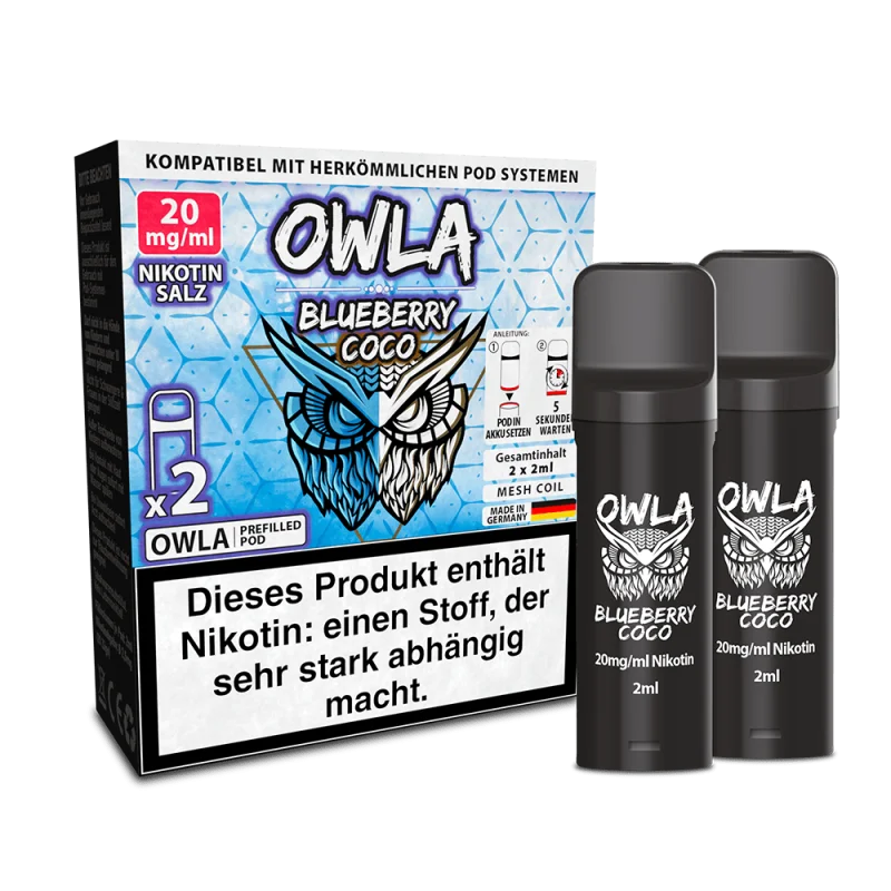 OWL Owla Blueberry Coco Prefilled Pod 2er-Pack in blauer Verpackung mit zwei schwarzen Pods, 20 mg