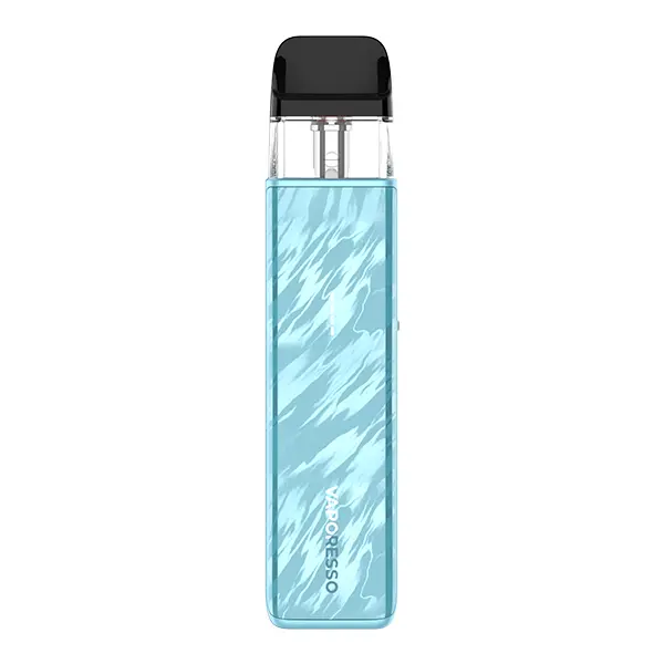 Vaporesso Xros 5 Mini Pod Kit in Hellblau mit marmoriertem Muster, schlankes Pod-Gerät mit schwarzem Mundstück