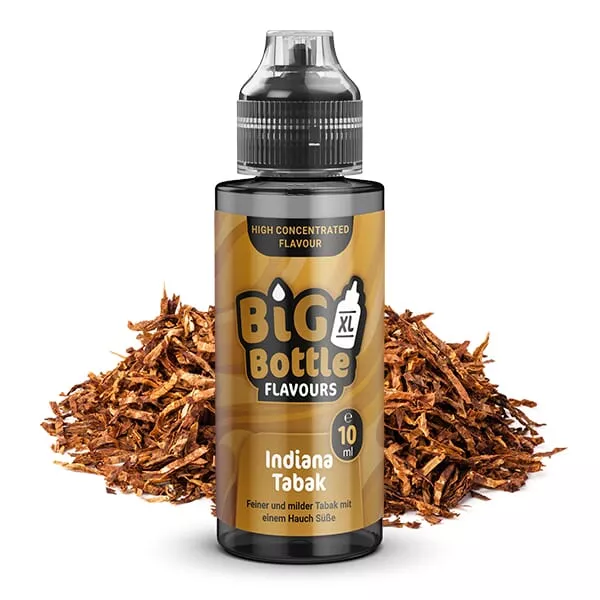Big Bottle Flavours Indiana Tabak Longfill 10ml in 120ml Flasche, braune Tabakblätter im Hintergrund