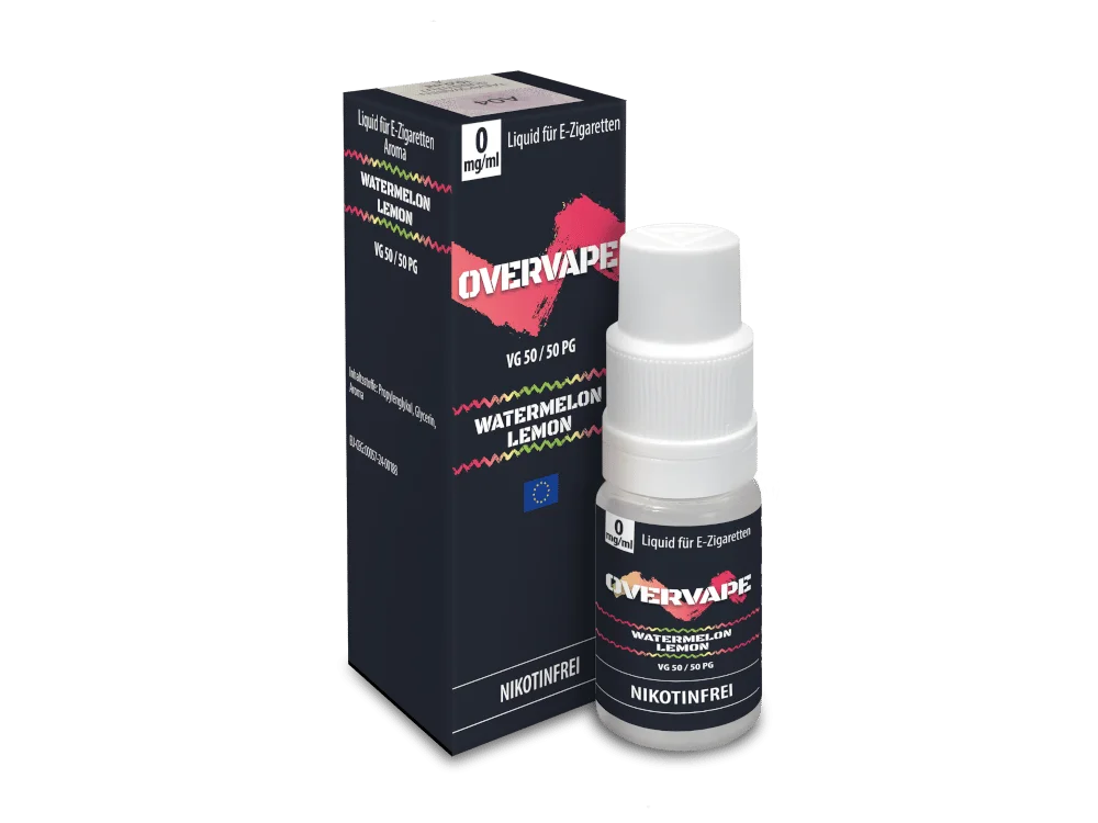 Overvape Watermelon Lemon 10ml Nikotinsalz-Liquid – Flasche und Box, Vorderansicht auf weißem Hintergrund