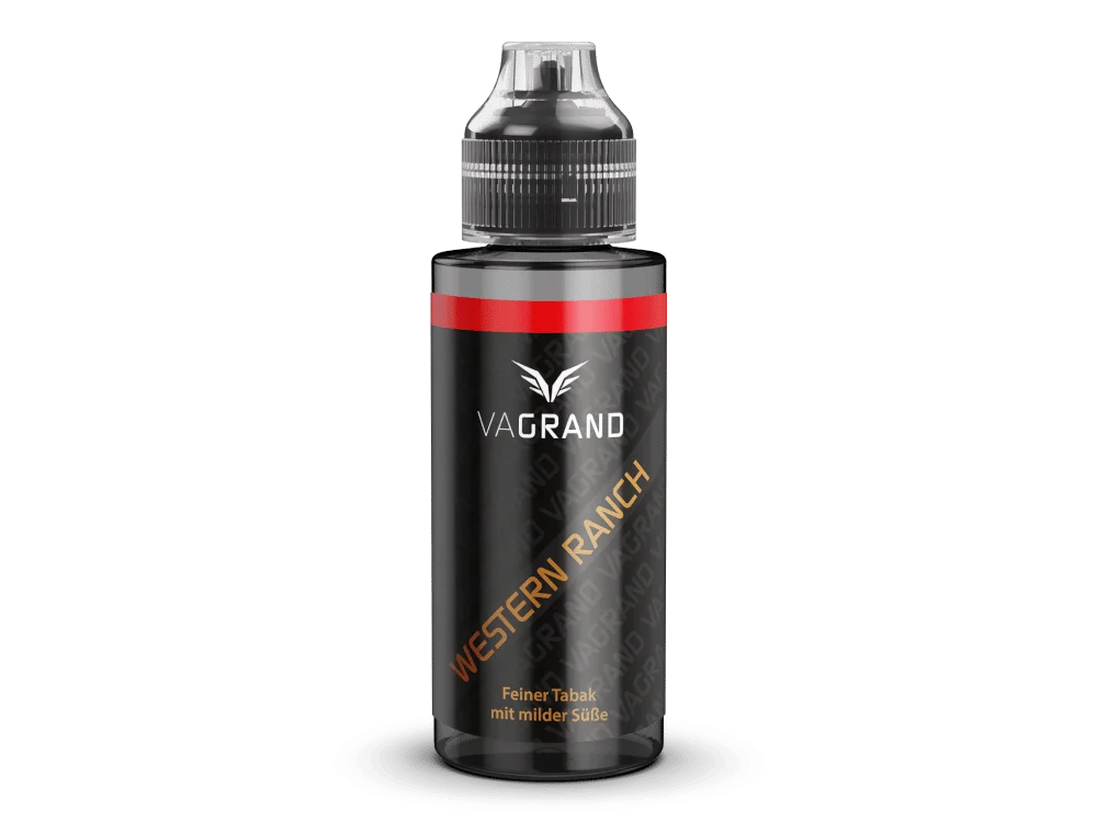 Vagrand Western Ranch Longfill, schwarze 10-ml-Flasche mit orangefarbenem Schriftzug, Frontansicht