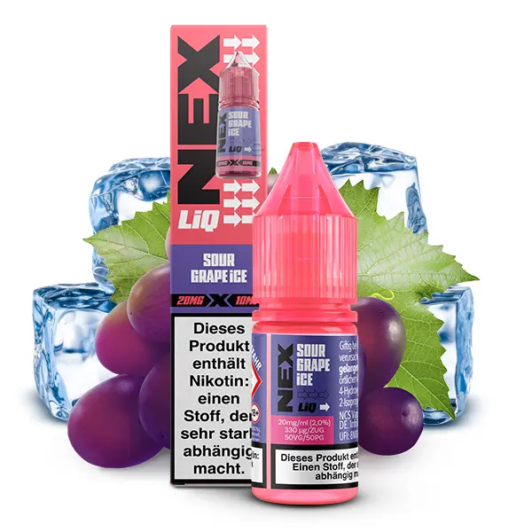 PodSalt NexLiq Sour Grape Ice 10ml Nikotinsalz-Liquid, Flasche mit Trauben und Eiswürfeln, Seitenansicht