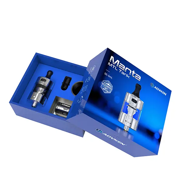 Advken Manta MTL Tank Verdampfer Verpackung in Blau mit Verdampfer und Zubehör im geöffneten Karton