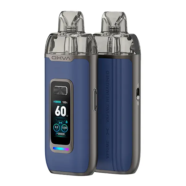 Oxva VPrime Pod Kit in Dunkelblau, Vorder- und Seitenansicht mit Farbdisplay und aufgestecktem Pod