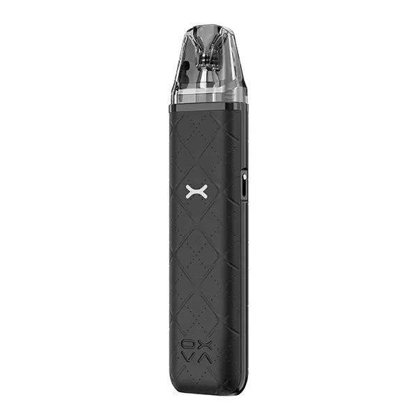 Oxva Xlim Go Pod Kit in Schwarz mit rautenförmigem Textilmuster und transparentem Pod
