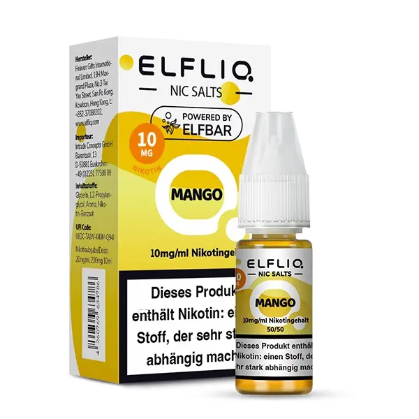 Elfliq Mango Nikotinsalz-Liquid 10ml Flasche mit gelber Verpackungsbox, 10mg Nikotin, von Elfbar