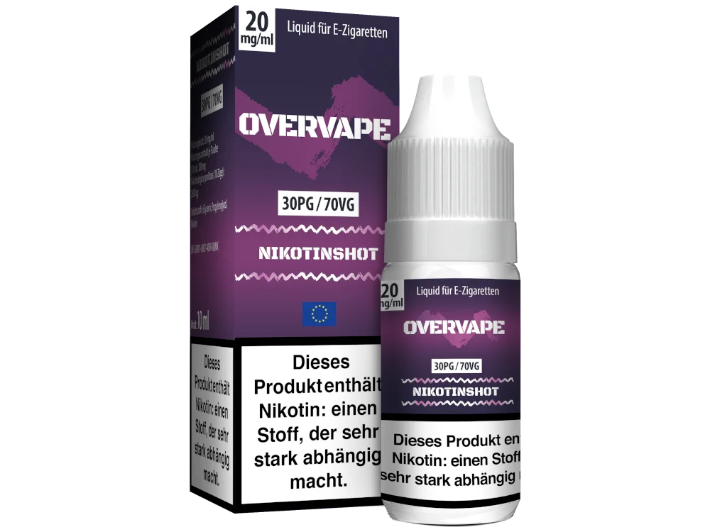 Overvape Nikotin-Shot 70/30 20mg/ml – lila Verpackung mit Warnhinweisen, 10ml Flasche
