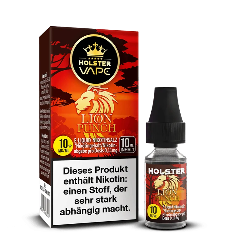 Holster Lion Punch 10ml Nikotinsalz-Liquid – orange-rote Verpackung mit Löwenmotiv, 10 mg/ml