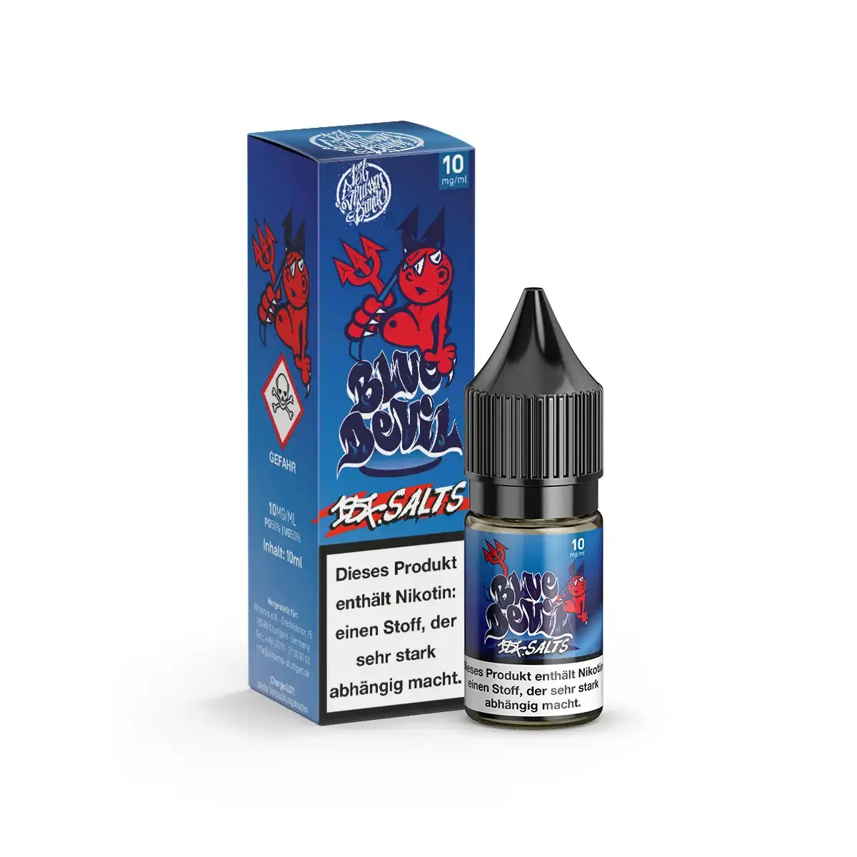 187 Strassenbande Blue Devil Nic Salts 10ml Nikotinsalz-Liquid Flasche und Karton mit rotem Teufel-Logo in Blau