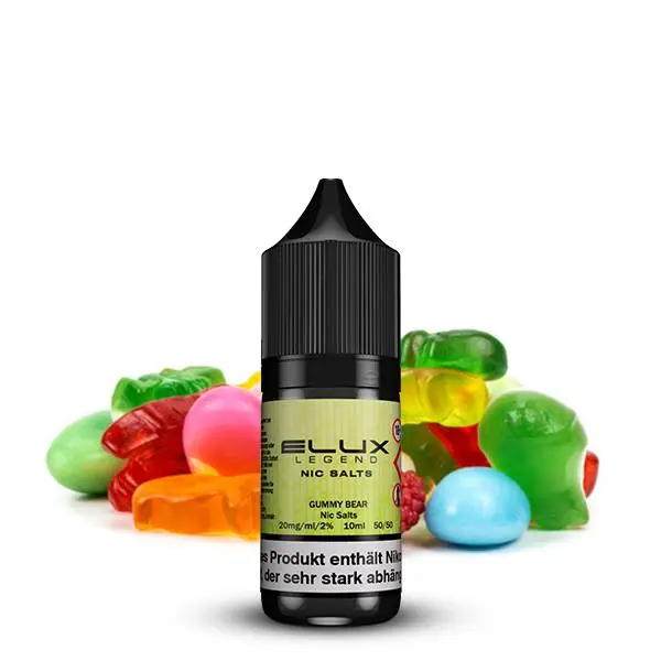 Elux Gummy Bear Nikotinsalz-Liquid 10ml – Flasche umgeben von bunten Gummibärchen