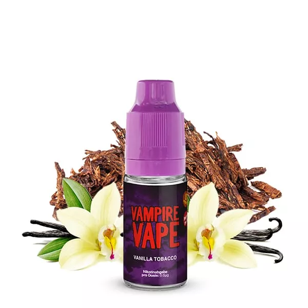 Vampire Vape Vanilla Tobacco 10ml Liquid, lila Flasche mit Vanilleschoten und Tabakblättern im Hintergrund