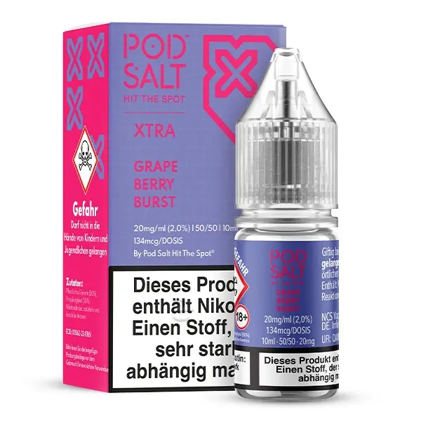 PodSalt Xtra Grape Berry Burst 10ml Nikotinsalz-Liquid, lila Faltschachtel mit Flasche, Seitenansicht