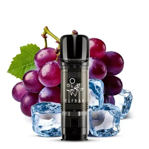 Elfbar Elfa Prefilled Pod Grape Ice – einzelner schwarzer Pod vor Weintrauben und Eiswürfeln