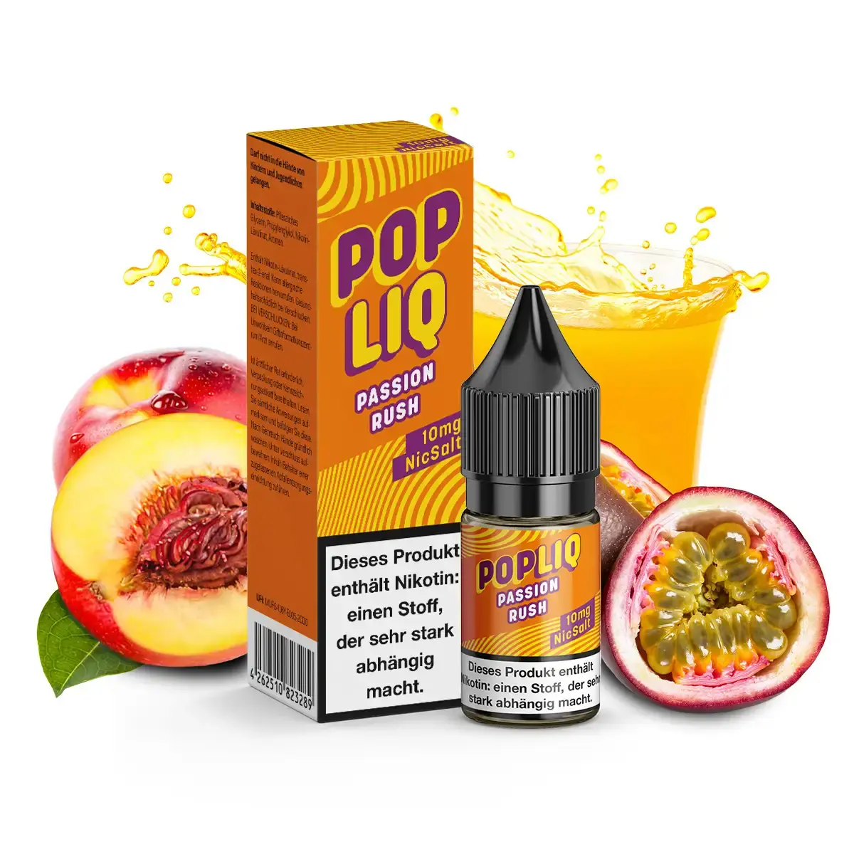PopLiq Passion Rush 10ml Nikotinsalz-Liquid – Flasche und Schachtel mit Pfirsich und Maracuja als Geschmacksmotiv