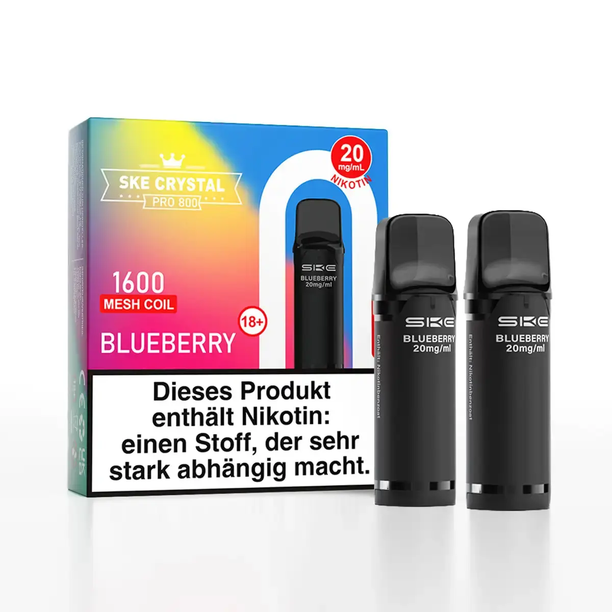 SKE Crystal 800 Pro Prefilled Pod Blueberry – Verpackung mit 2 schwarzen Pods, bunter Farbverlauf-Box, 1600 Mesh Coil