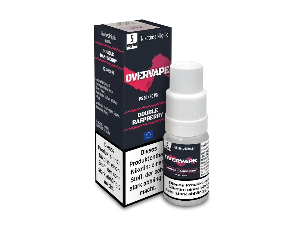 overvape_nicsalt_double-raspberry_5mg_1000x750.png Overvape Double Raspberry 10ml Nikotinsalz-Liquid – dunkelblaue Flasche mit schwarzer Verpackungsschachtel, Seitenansicht