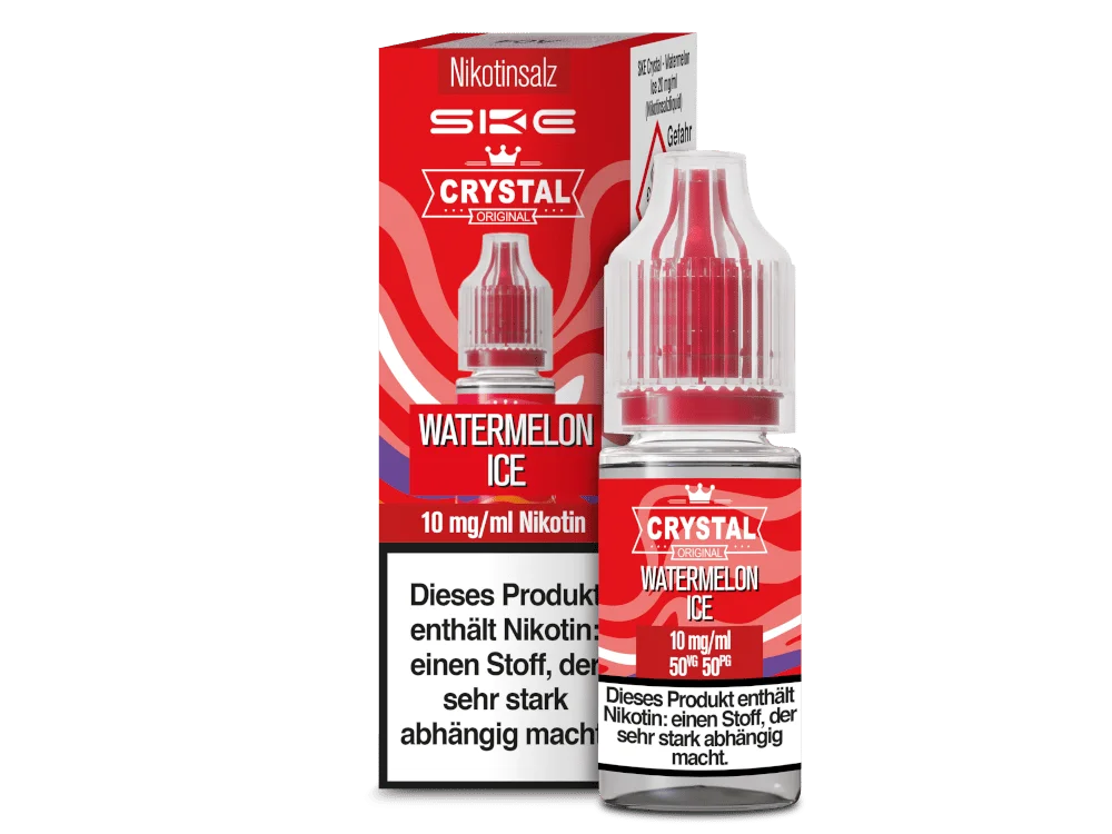 SKE Crystal Watermelon Ice 10ml Nikotinsalz-Liquid, rote Flasche mit roter Verpackung, 10 mg Nikotin