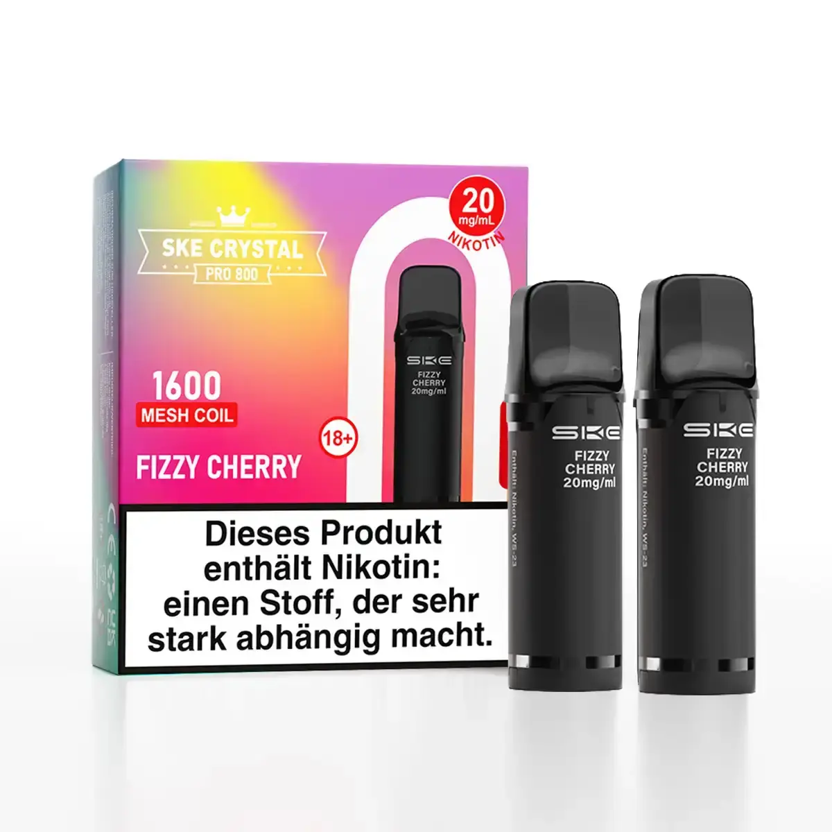 SKE Crystal 800 Pro Prefilled Pod Fizzy Cherry – Verpackung mit 2 schwarzen Pods, bunte Kirsch-Grafik
