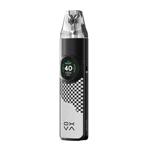 Oxva NeXlim Pod Kit in Fraction Gray – silber-weißer Akkuträger mit kariertem Muster und transparentem Pod